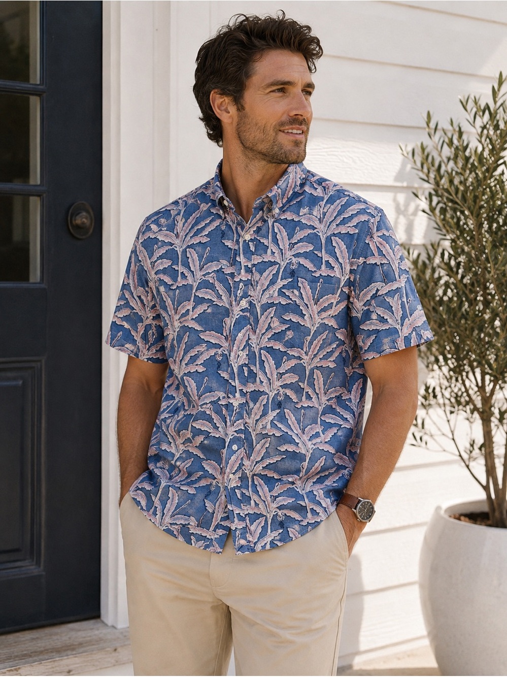Men’s American Rag Blue & Pink Palm-Print Short-Sleeve Button-Down Shirt